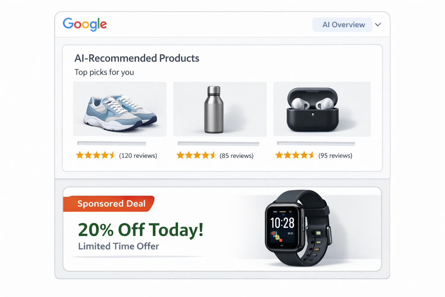 Illustration showing AI-selected organic product recommendations alongside clearly labeled sponsored deals in Google’s AI shopping results